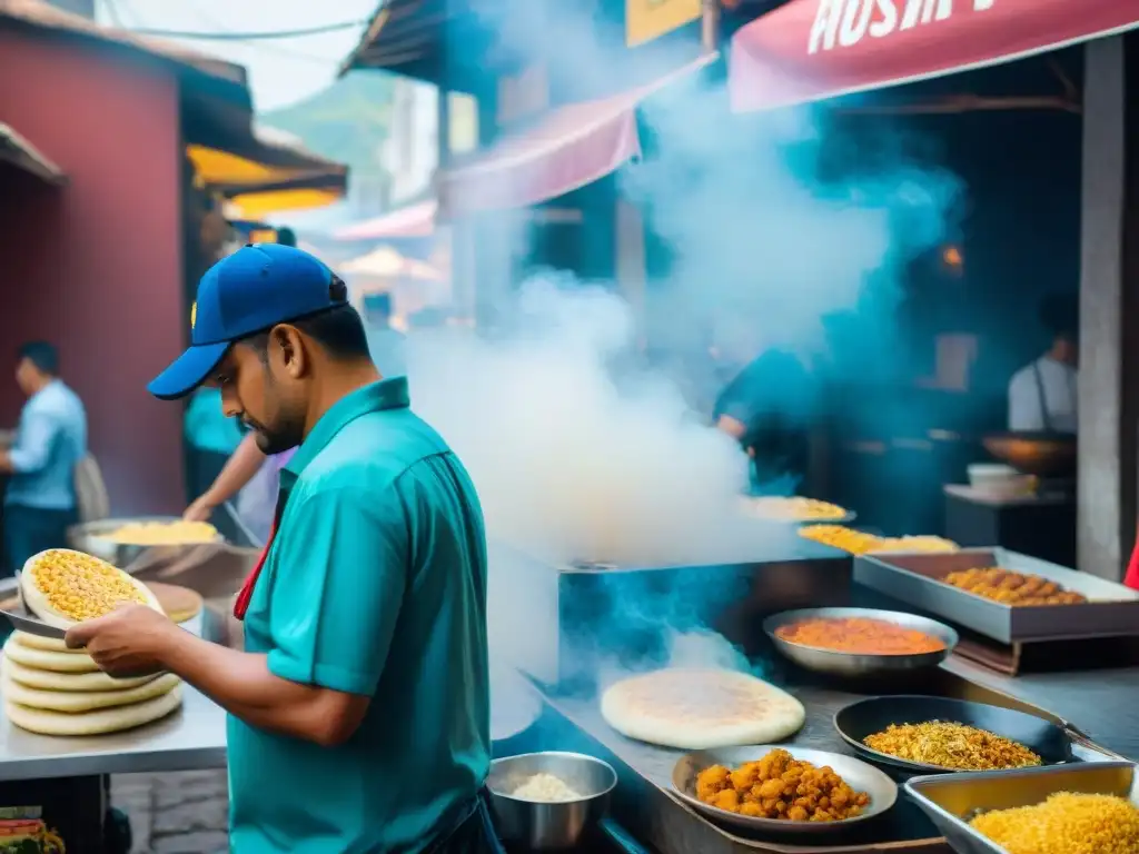 Escena de la bulliciosa gastronomía callejera en Guadalupe: puestos de comida coloridos y sabrosos platillos tradicionales como pupusas y elotes