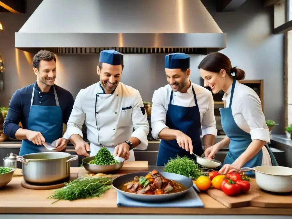 Escena bulliciosa de cocina francesa con chefs preparando Coq au Vin, Ratatouille y Crème Brûlée