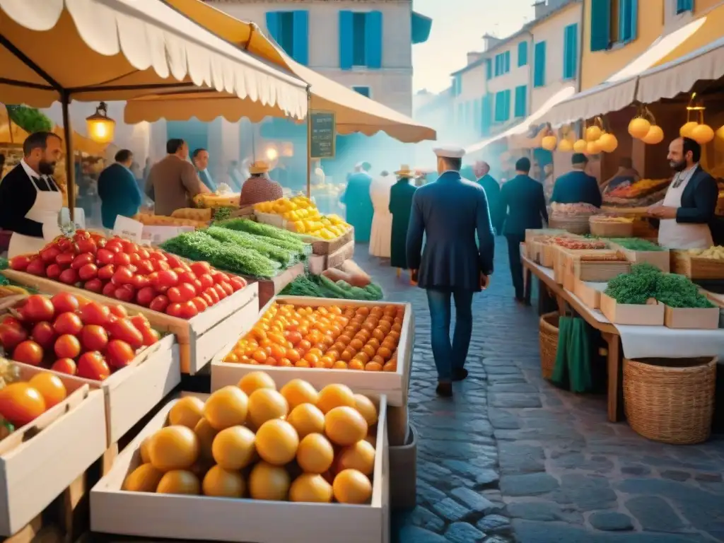 Una escena bulliciosa de un mercado al aire libre en la vibrante Riviera Francesa, rebosante de productos locales frescos y coloridos