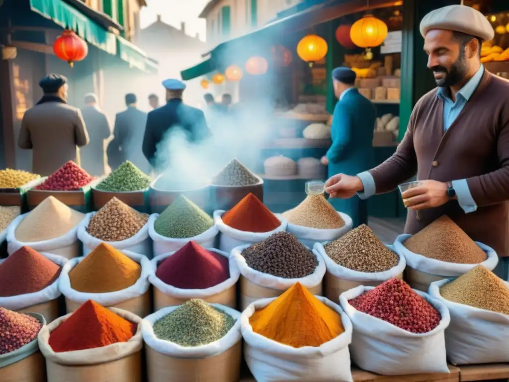 Una escena bulliciosa en un mercado de especias francés con exhibiciones detalladas de especias básicas de la gastronomía francesa