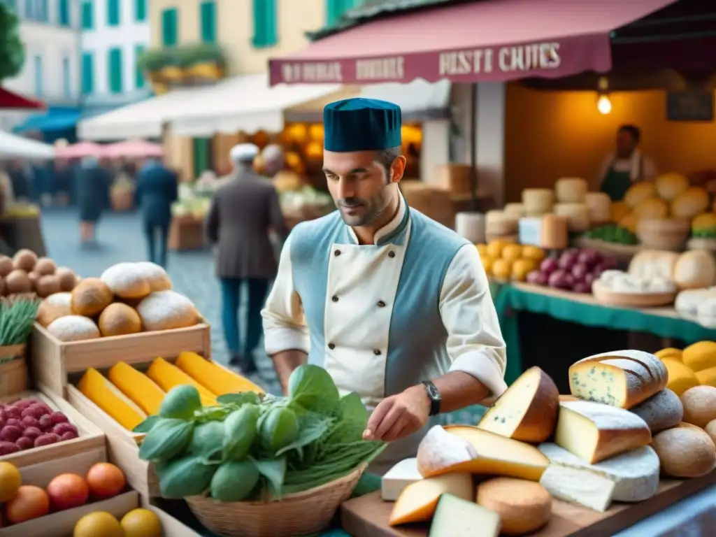 Escena bulliciosa de mercado francés con productos vibrantes y edificios históricos, evocando la evolución de la cocina francesa