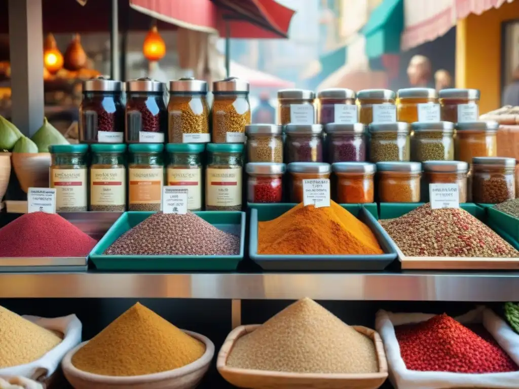 Escena bulliciosa en mercado francés con influencia árabe, resaltando fusiones gastronómicas