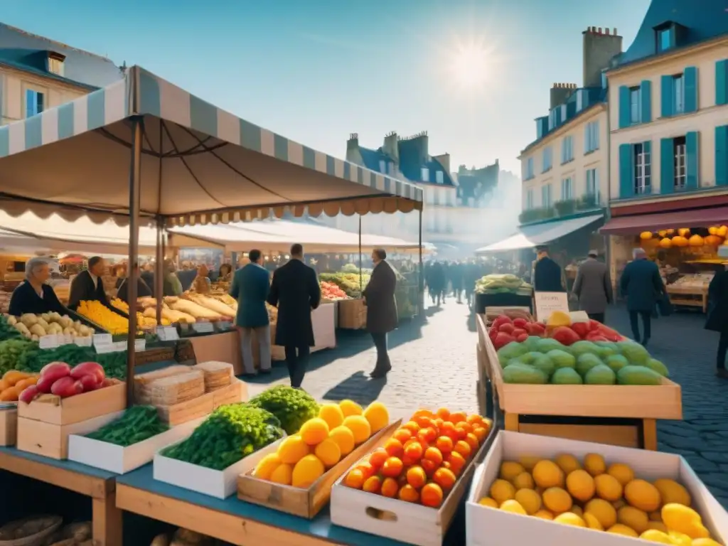 Escena bulliciosa en un mercado francés con productos frescos, quesos artesanales y flores