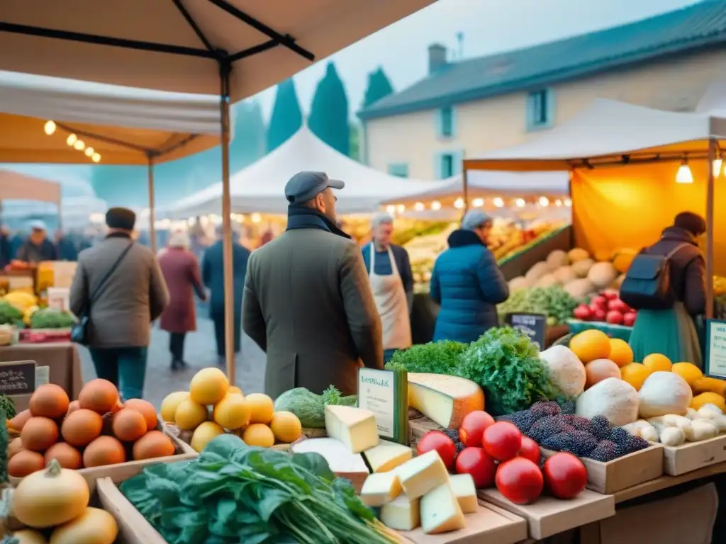 Escena bulliciosa de un mercado francés con productos frescos y coloridos