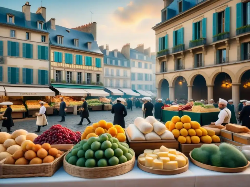 Escena bulliciosa de mercado del siglo XVIII en Francia con influencia de la Revolución Francesa en el arte culinario