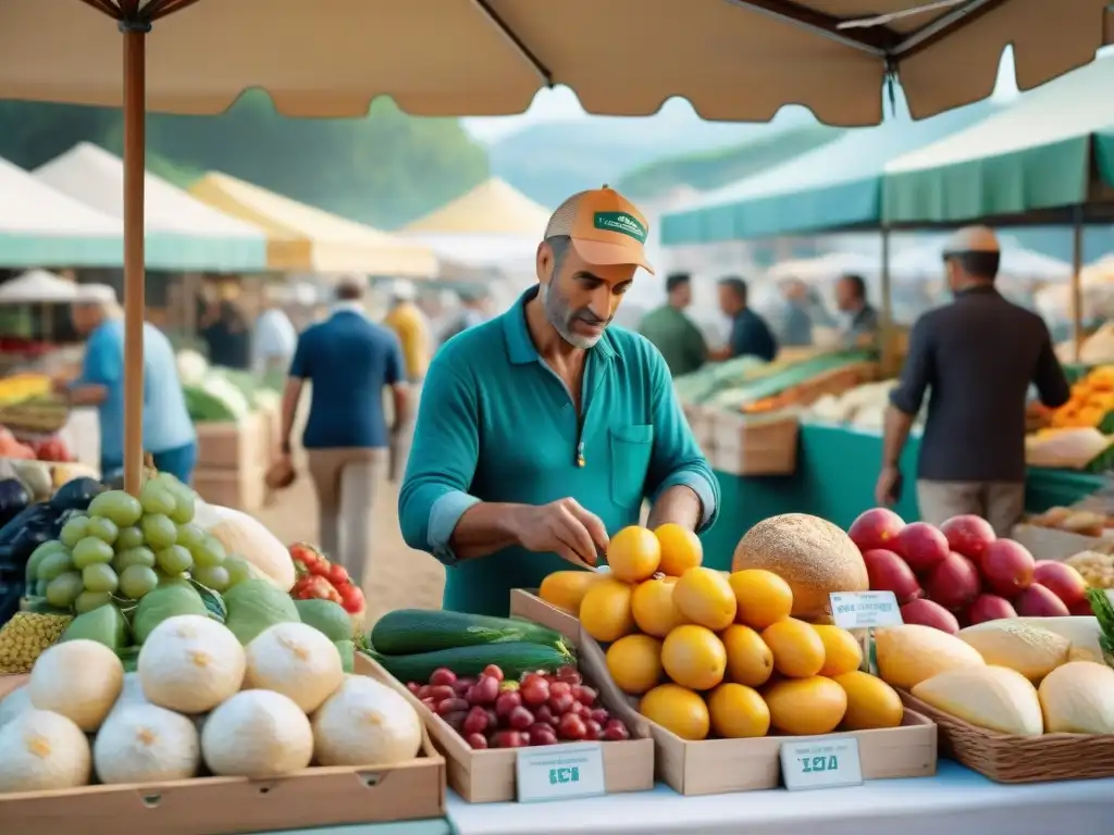 Escena bulliciosa de un mercado en el sur de Francia con productos frescos en la dieta, mostrando coloridas frutas, verduras y quesos