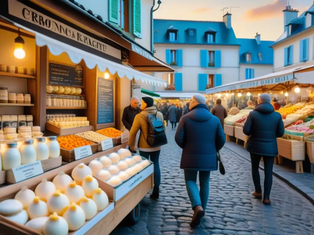 Una escena bulliciosa de mercado en Francia con yogures y kéfirs locales en un colorido puesto de madera