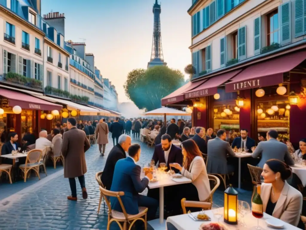 Escena de café al aire libre en París al atardecer con el Ritual del aperitivo en Francia