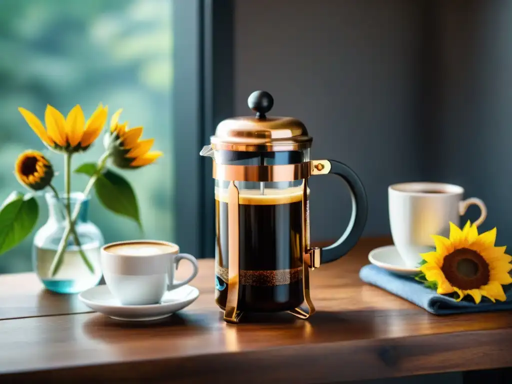 Escena de café gourmet con cafetera estilo francés, granos molidos, molinillo vintage, girasoles y tazas cerámicas en mesa de madera