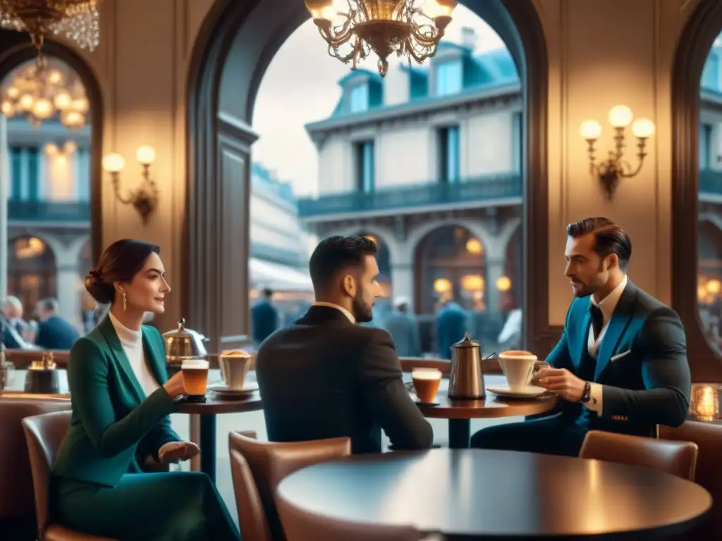 Escena de café parisino en blanco y negro, con elegantes clientes disfrutando de espresso y animadas conversaciones