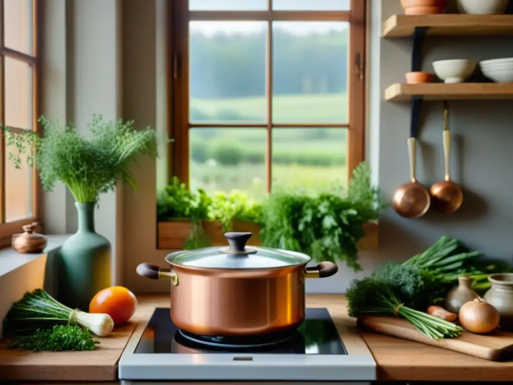 Una escena cálida y acogedora de una cocina francesa tradicional con un caldo casero auténtico