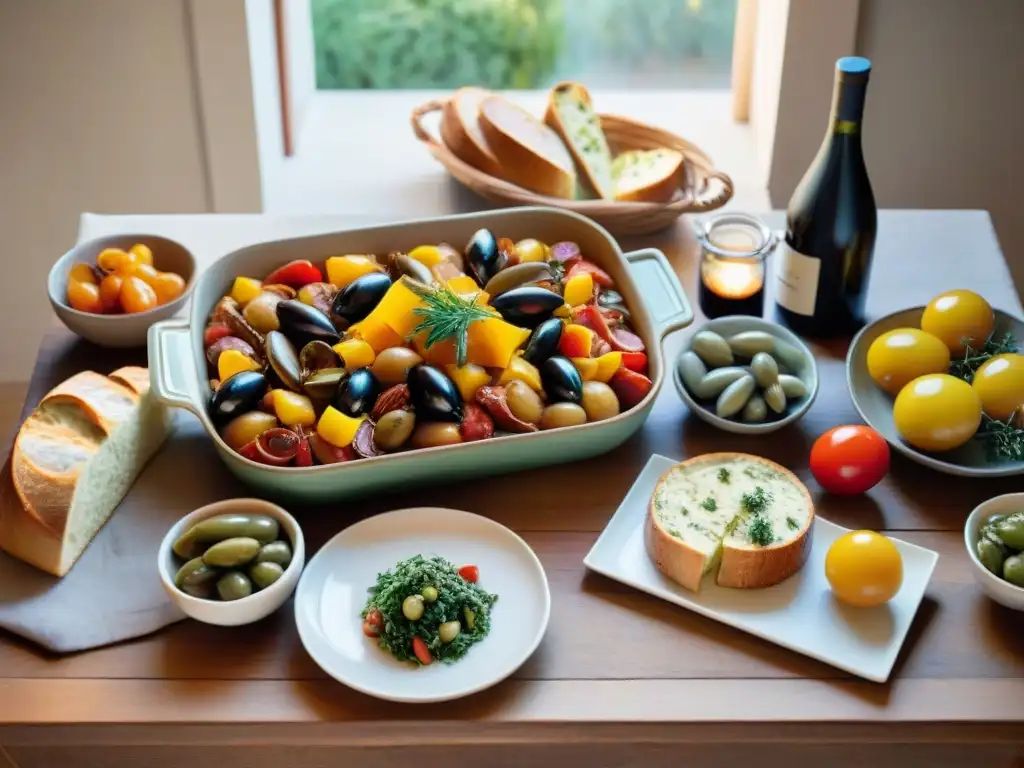 Una escena cálida y acogedora de una comida tradicional francesa mediterránea en una mesa rústica de madera