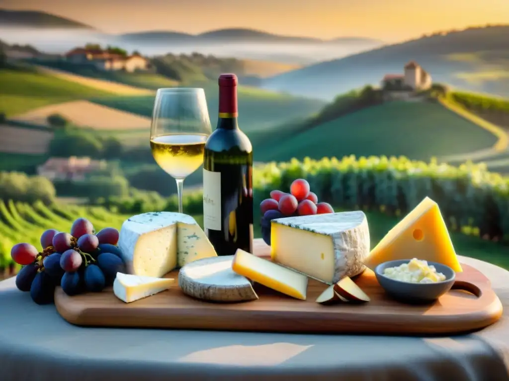 Una escena cálida y acogedora de quesos y vinos franceses maridaje en un entorno campestre al atardecer