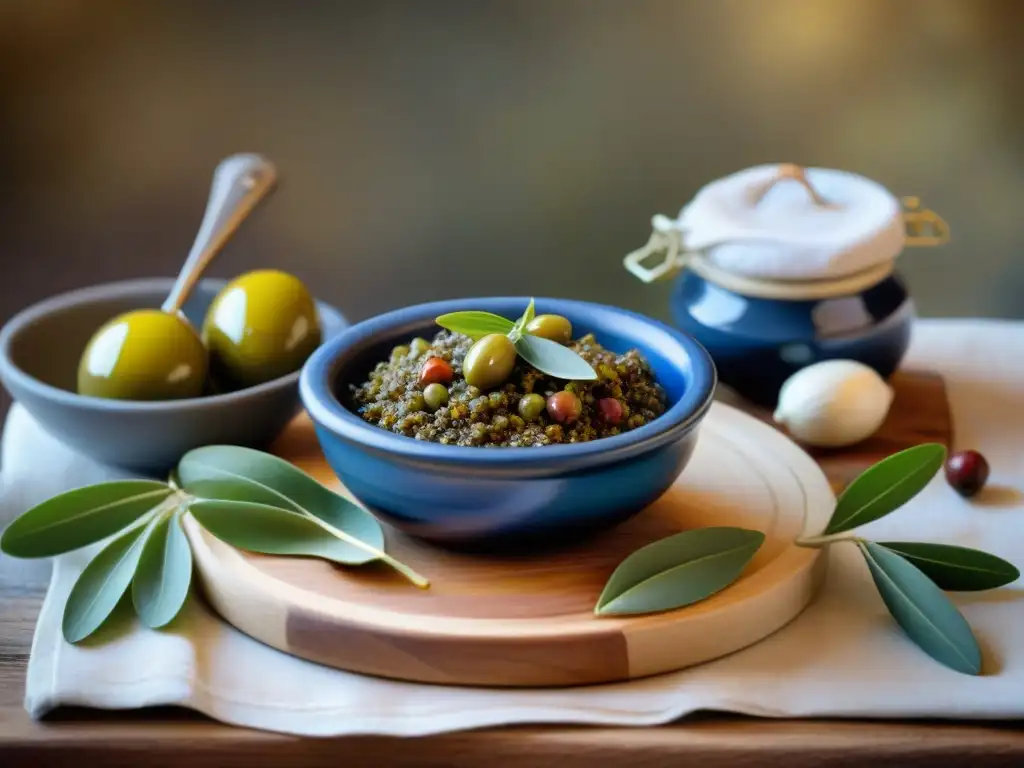 Una escena cálida y auténtica de una cocina provenzal tradicional con ingredientes para la receta tradicional de tapenade provenzal