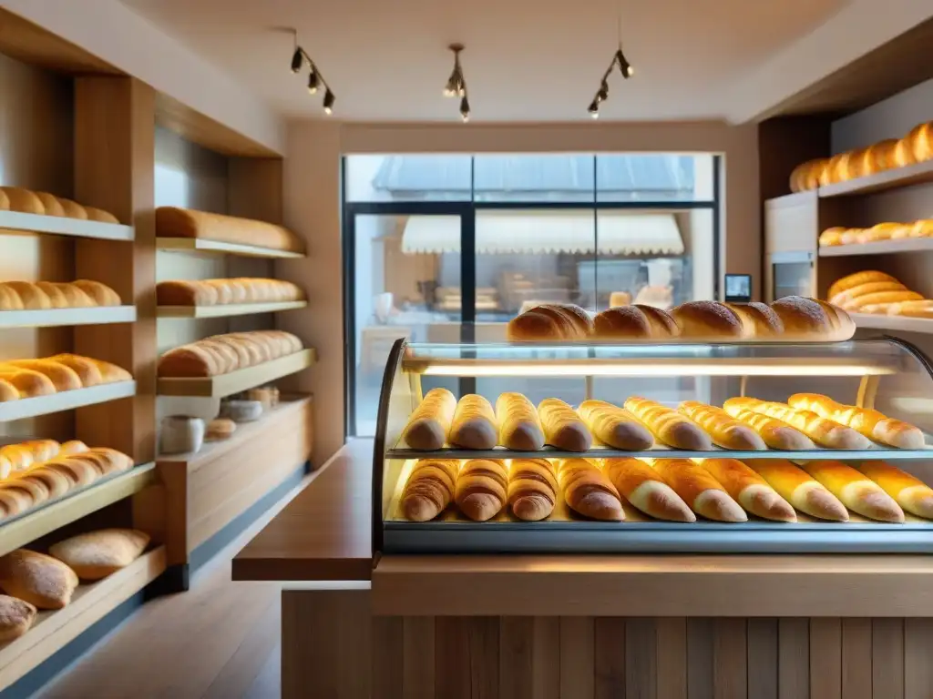 Escena cálida en panadería francesa con baguettes y croissants recién horneados, caja registradora vintage y panadero en delantal blanco