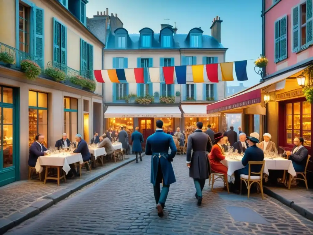 Escena callejera animada en Francia del siglo XVIII durante la Revolución, destacando el origen de los restaurantes modernos