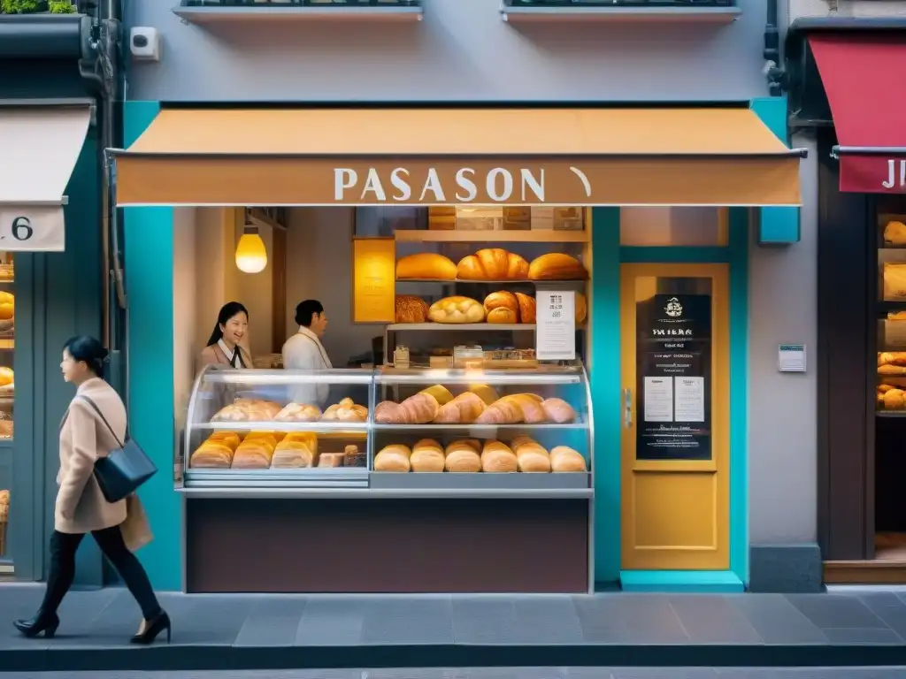 Escena callejera en Tokio con influencia de cocina francesa en Asia, clientes disfrutando de croissants y baguettes bajo toldos coloridos