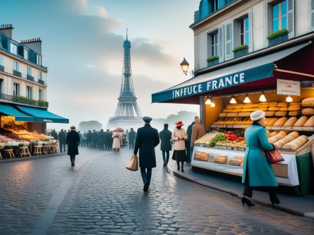 Escena callejera parisina en blanco y negro con mercado tradicional y arquitectura icónica, mostrando la influencia cultural gastronomía francesa