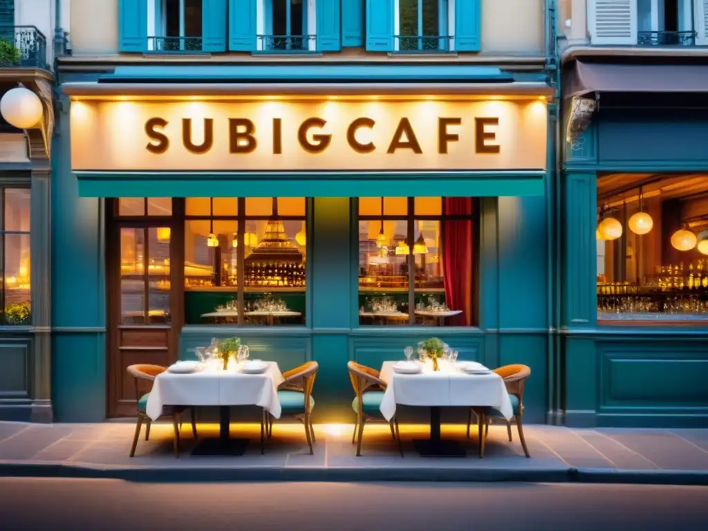 Escena callejera parisina con un café encantador y elegante, donde el personal sirve a clientes diversos, con la Torre Eiffel de fondo