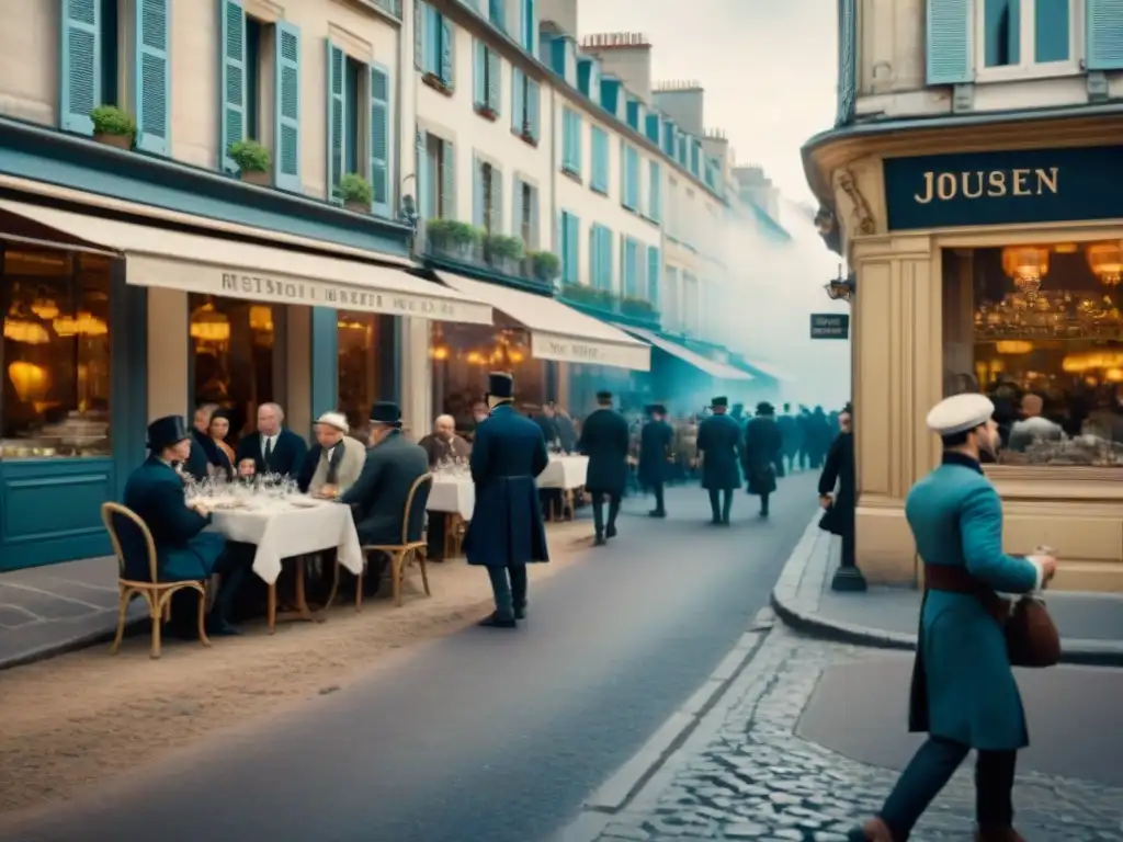 Escena callejera de la Revolución Francesa con restaurantes modernos emergentes y cambios sociales