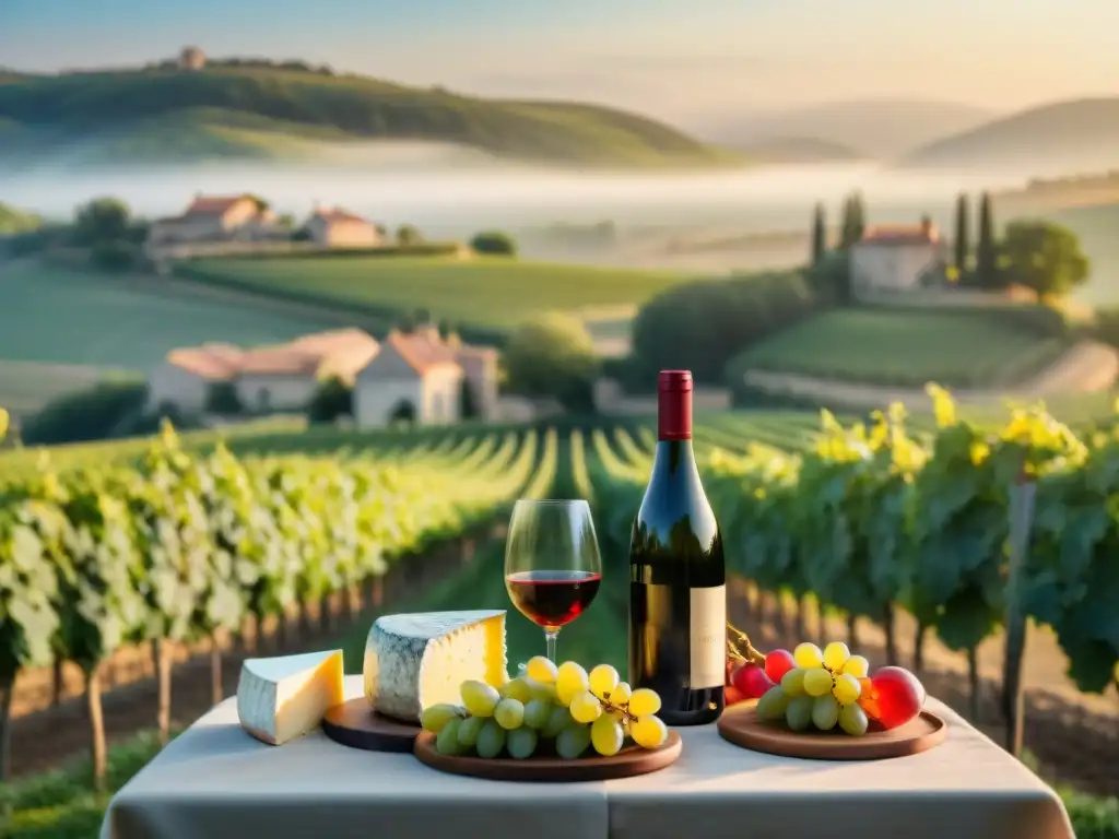 Escena campestre en la campiña francesa al atardecer con viñedo, quesos y vinos