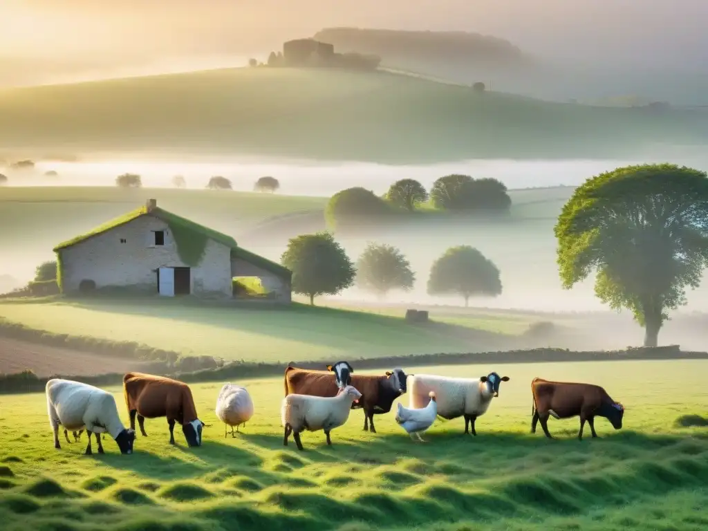 Escena campestre francesa al amanecer con animales en libertad y granja, transmitiendo la crianza de animales en libertad en Francia