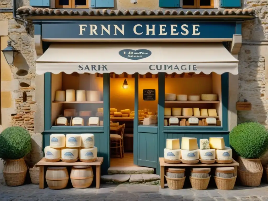 Una escena campestre francesa con una antigua fromagerie entre viñedos, exhibiendo una selección de quesos