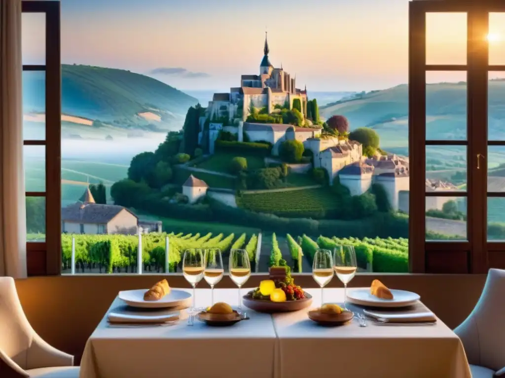 Escena campestre francesa al atardecer con restaurante de Estrellas Michelin en medio de viñedos y un chateau al fondo