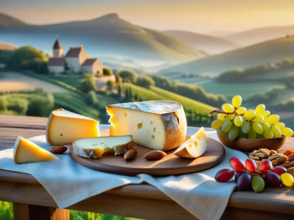 Disfruta de una escena campestre francesa al atardecer, con una mesa de quesos elegante