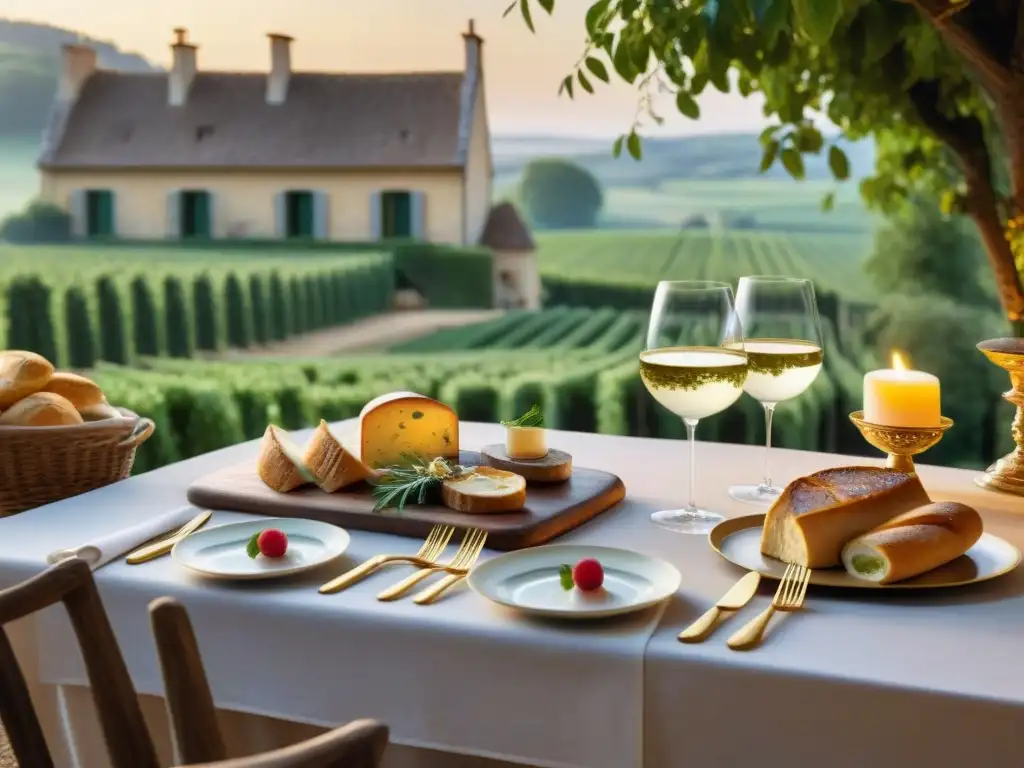 Escena campestre francesa al atardecer con mesa elegante de foie gras bajo luz de velas doradas, en lugares para degustar foie gras Francia