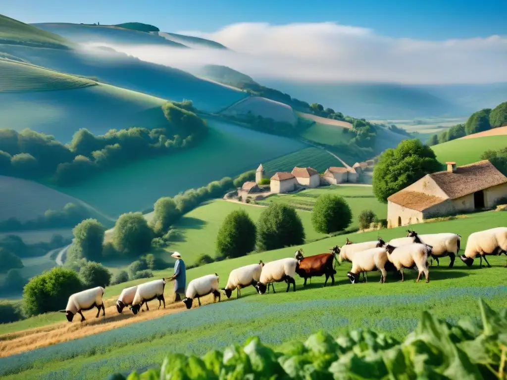 Una escena campestre francesa con pastores, cabras y queso, evocando la tradición de la Ruta del queso en Francia