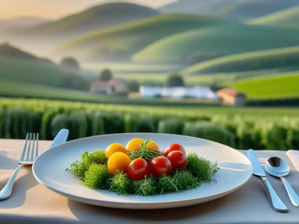 Una escena campestre francesa con platos franceses minimalistas premiados en una mesa de madera rústica