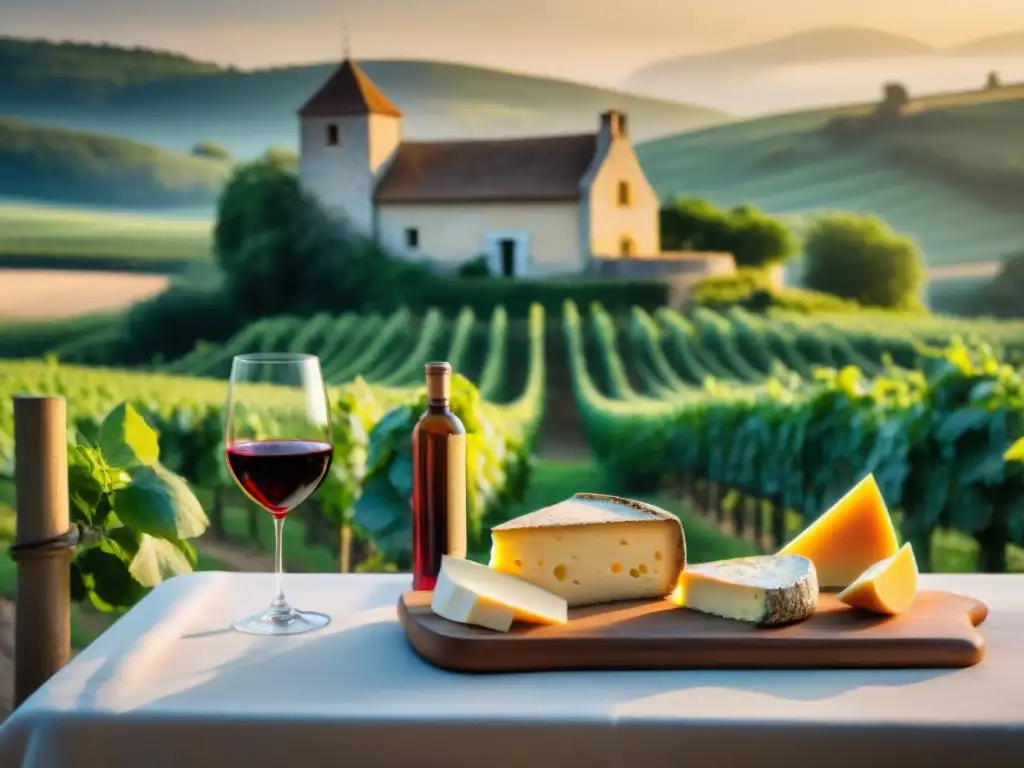 Una escena campestre francesa con quesos, vino y baguettes, bañada en cálida luz dorada al atardecer