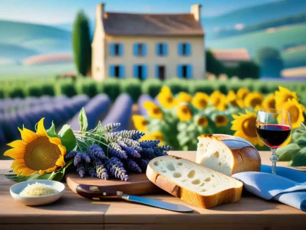 Una escena campestre francesa serena con una casa de piedra rústica y una mesa de comida fresca