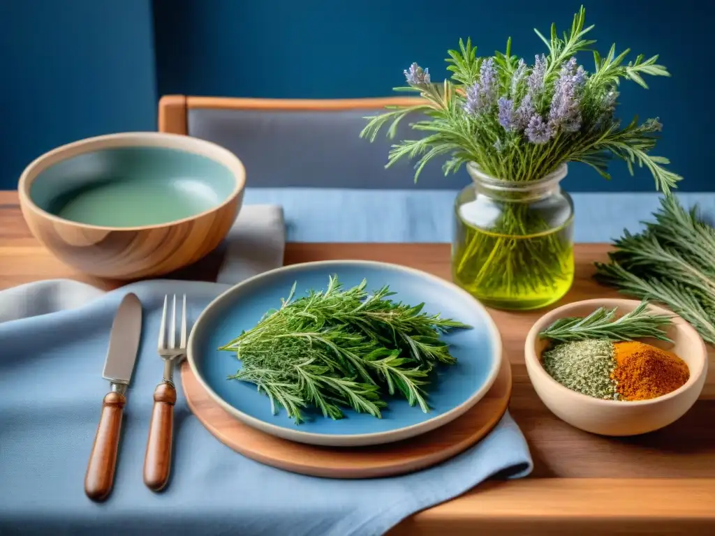 Una escena campestre francesa serena con hierbas aromáticas en un plato, bajo un cielo azul