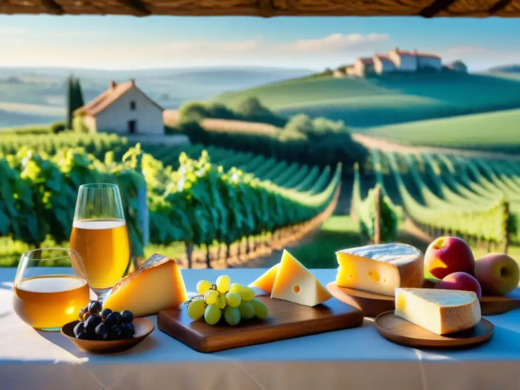 Deléitate con una escena campestre francesa sostenible en un restaurante, con quesos franceses, baguettes y frutas coloridas