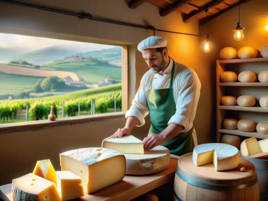 Escena campestre francesa con viñedos verdes y queserías artesanales