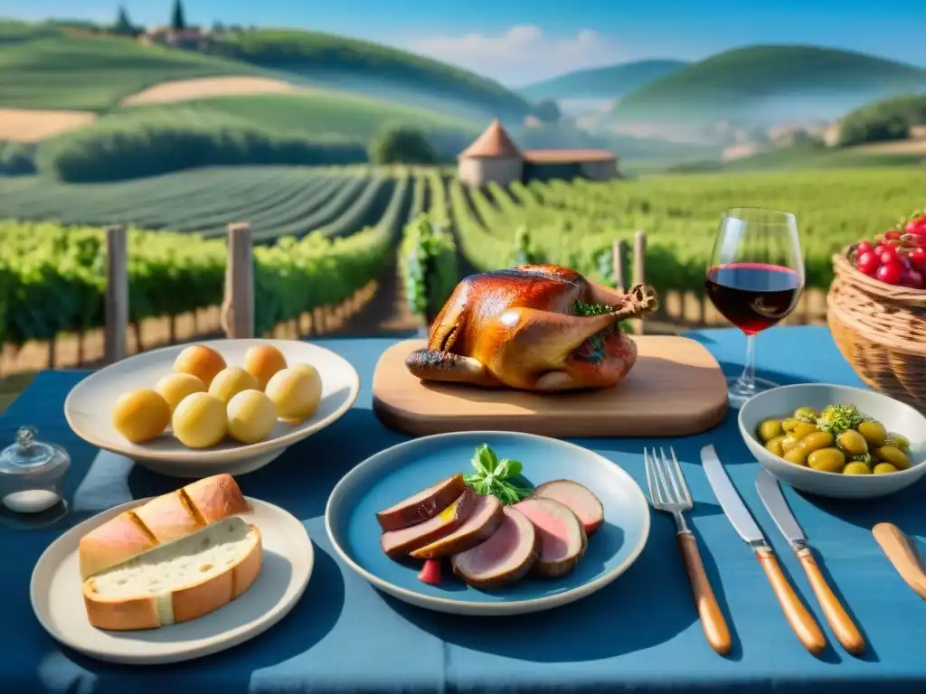 Escena campestre en Francia: mesa rústica con cocina francesa Una escena campestre en Francia con una mesa de madera rústica servida con platos franceses y viñedos alrededor