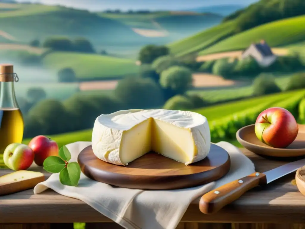 Escena campestre en Normandía con Camembert, sidra y manzanas frescas en mesa rústica