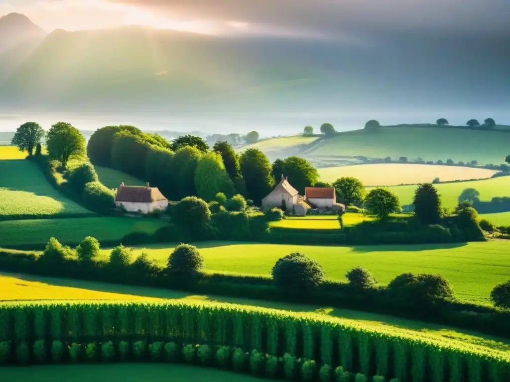 Escena campestre en Normandía con granjas, vacas pastando, huertos de manzanas y arquitectura normanda