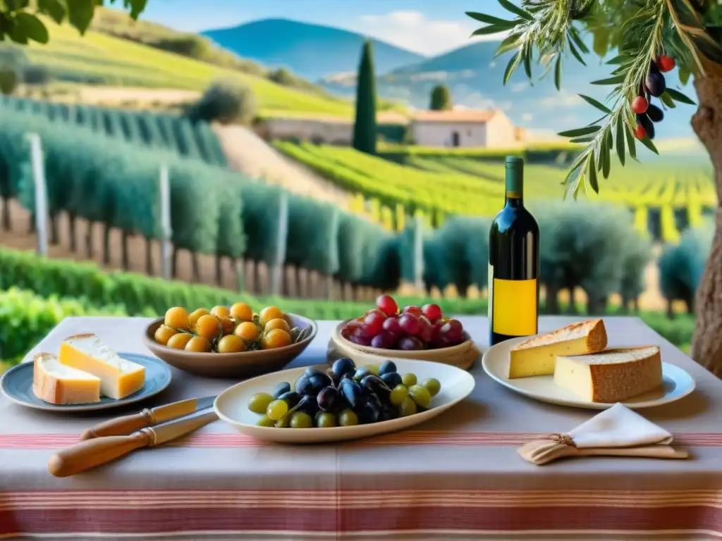 Escena campestre en el sur de Francia con mesa mediterránea y platos típicos