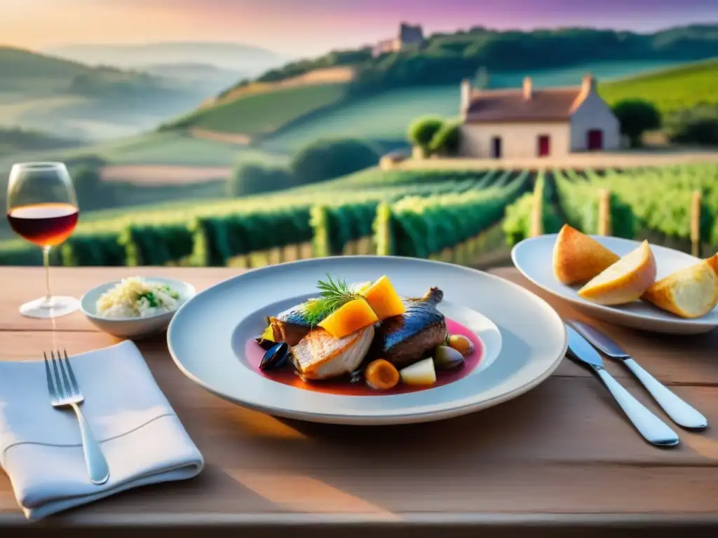 Una escena de la campiña francesa al atardecer con una granja rústica y viñedos exuberantes