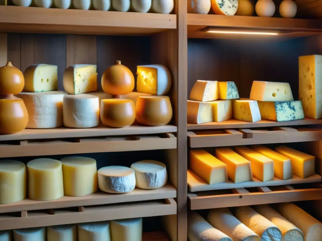 Una escena cautivadora en una bodega de quesos artesanales, resaltando el arte de fermentar alimentos