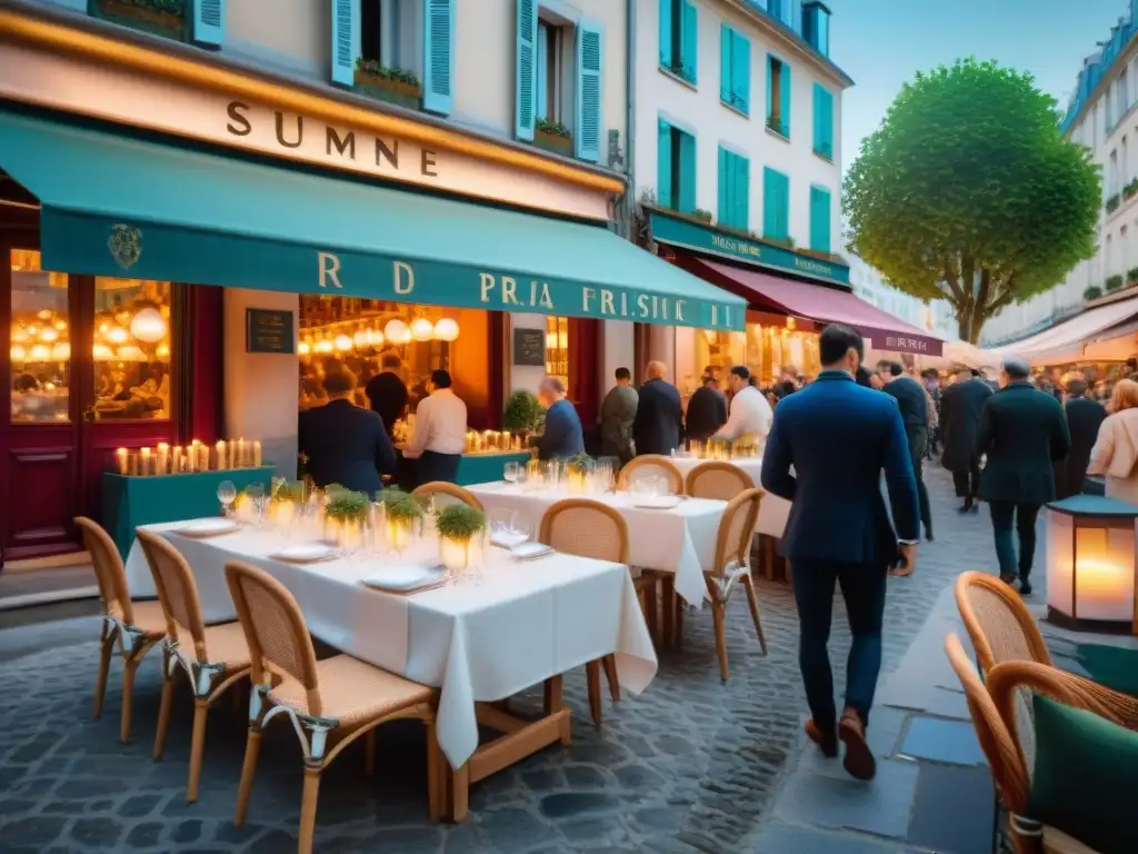 Una escena cautivadora de una calle parisina animada con mesas elegantes y deliciosa gastronomía francesa en un evento de Cenas PopUp