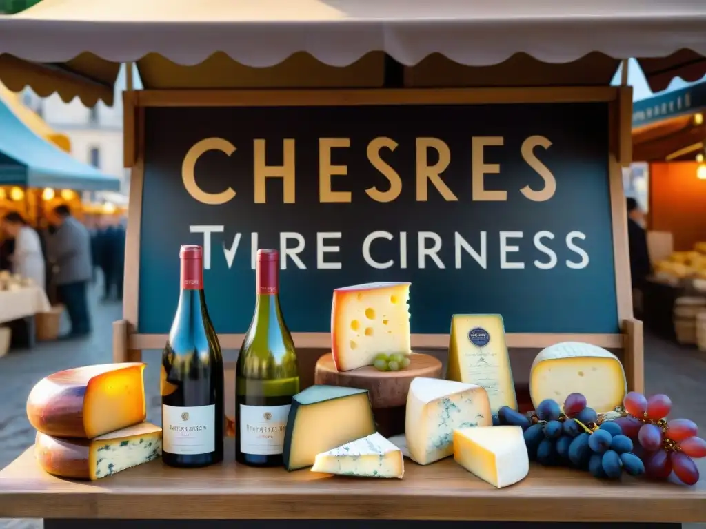 Escena cautivadora de una parada de mercado francesa con vinos y quesos coloridos