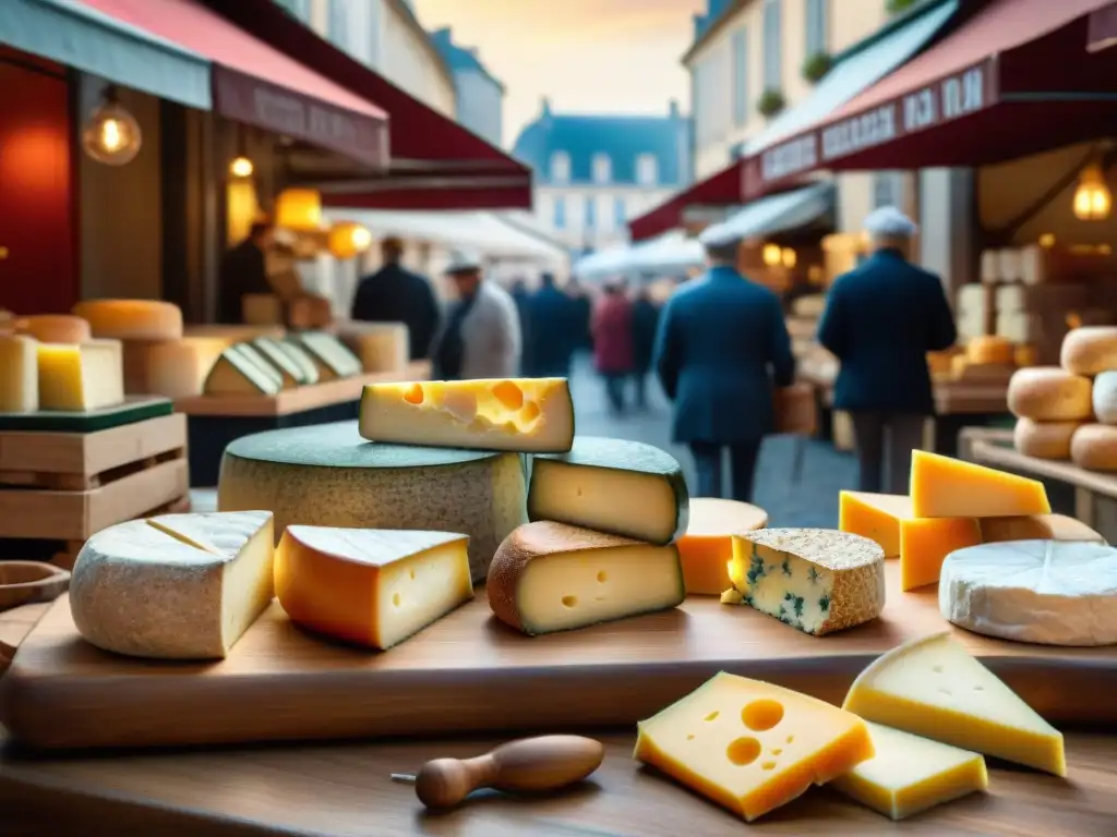 Una escena cautivadora de productos franceses en otras culturas: quesos variados en un mercado vibrante bajo el sol de la tarde