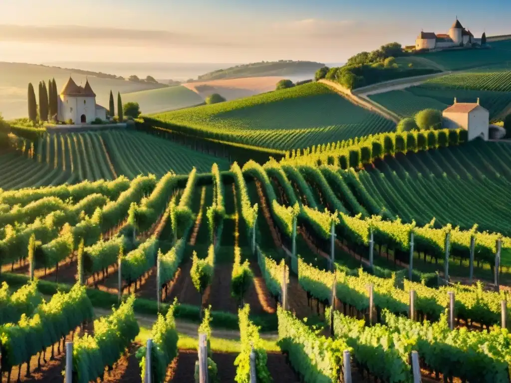 Una escena cautivadora de un viñedo en la campiña francesa al atardecer