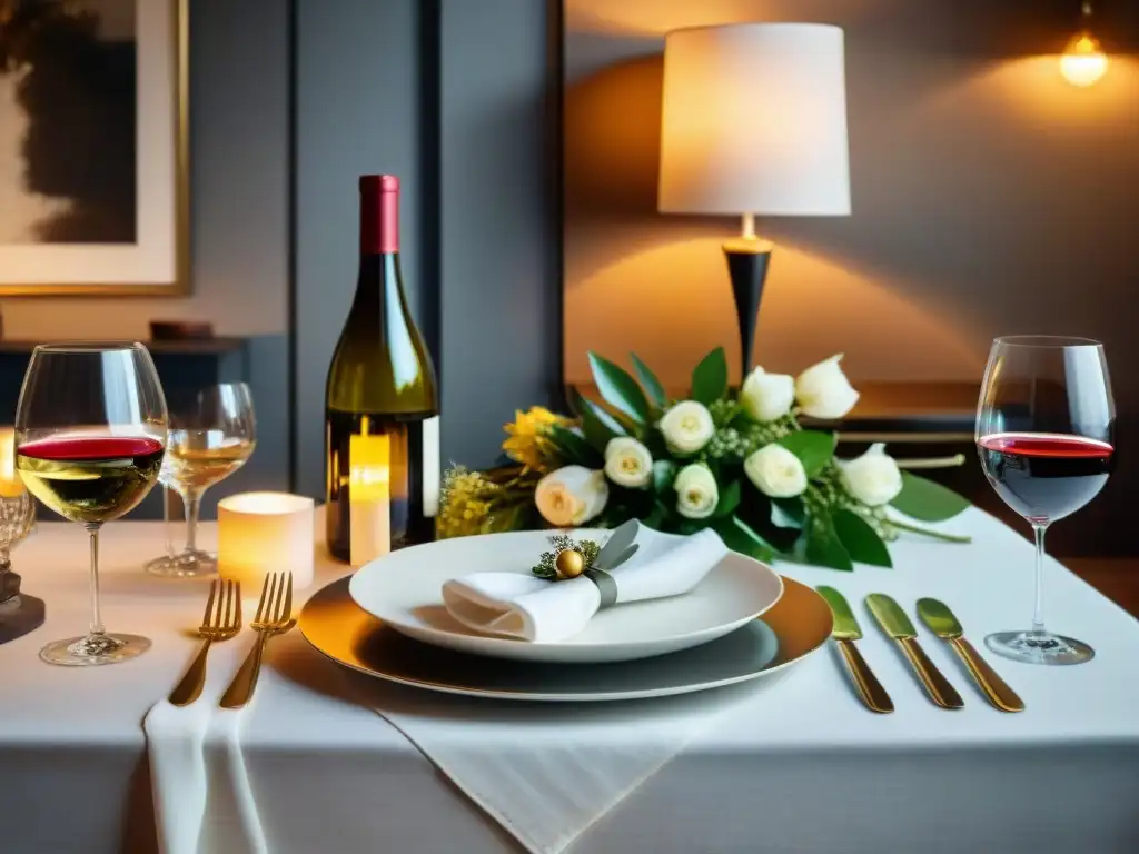 Escena de cena francesa elegante con armonización de vinos y exquisita decoración