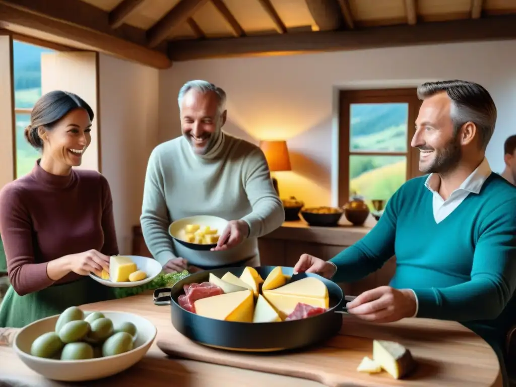 Una escena de cena tradicional de Raclette en RódanoAlpes con amigos y familia disfrutando del ritual del queso fundido