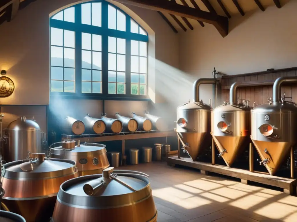 Escena de una cervecería tradicional francesa en el campo, reflejando la artesanía de la cerveza